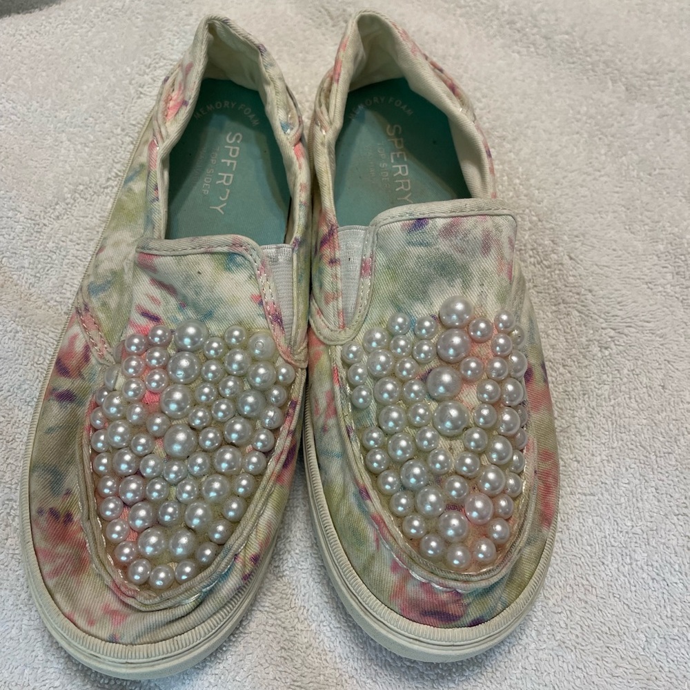 Sperry Cream and Pink Flats with Metallic Embellishments